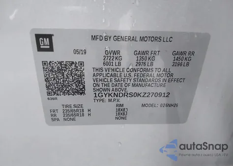 2019 Cadillac Xt5 Luxury z USA, uszkodzony, nr VIN 1GYKNDRS0KZ270912